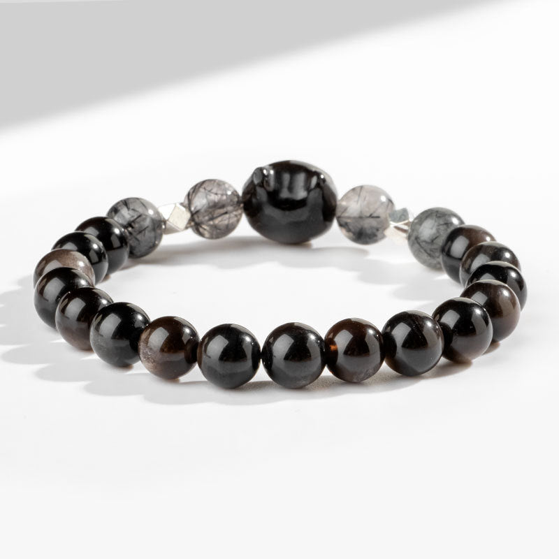KarmaRipple's Authentic Silver Sheen Obsidian Cute Cat Head Protection Bracelet p5