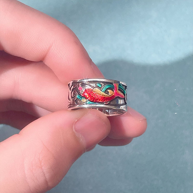 KarmaRipple's Blue Enamel Koi Fish Heart Sutra Success Ring p4
