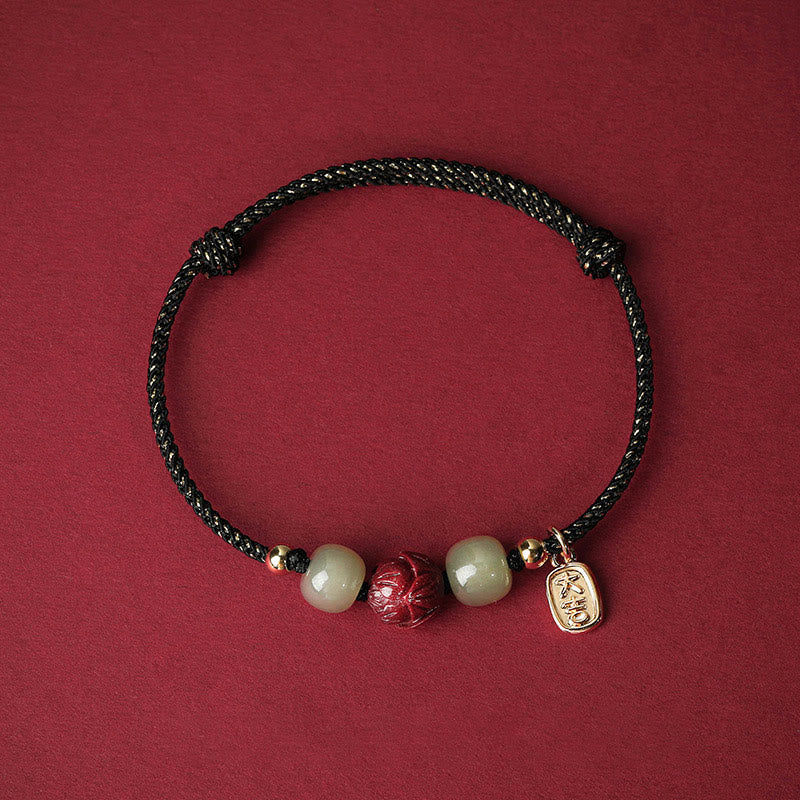 KarmaRipple's 14K Gold Plated Hetian Jade Cinnabar Lotus Fortune Handcrafted Rope Bracelet p2