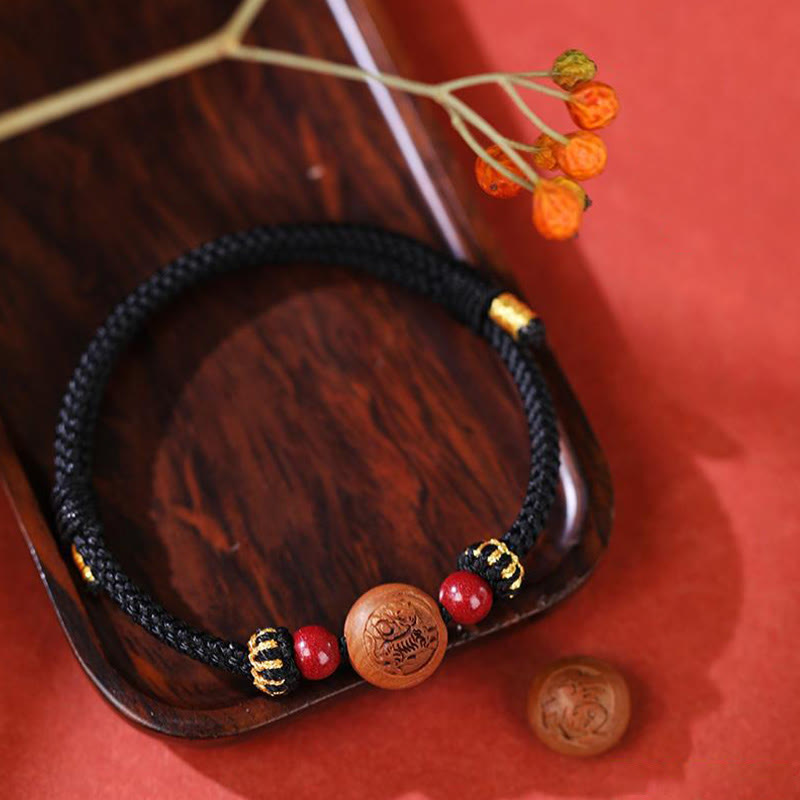 KarmaRipple's Authentic Peach Wood Chinese Zodiac Fu Character Carved Cinnabar Wealth Bracelet p19