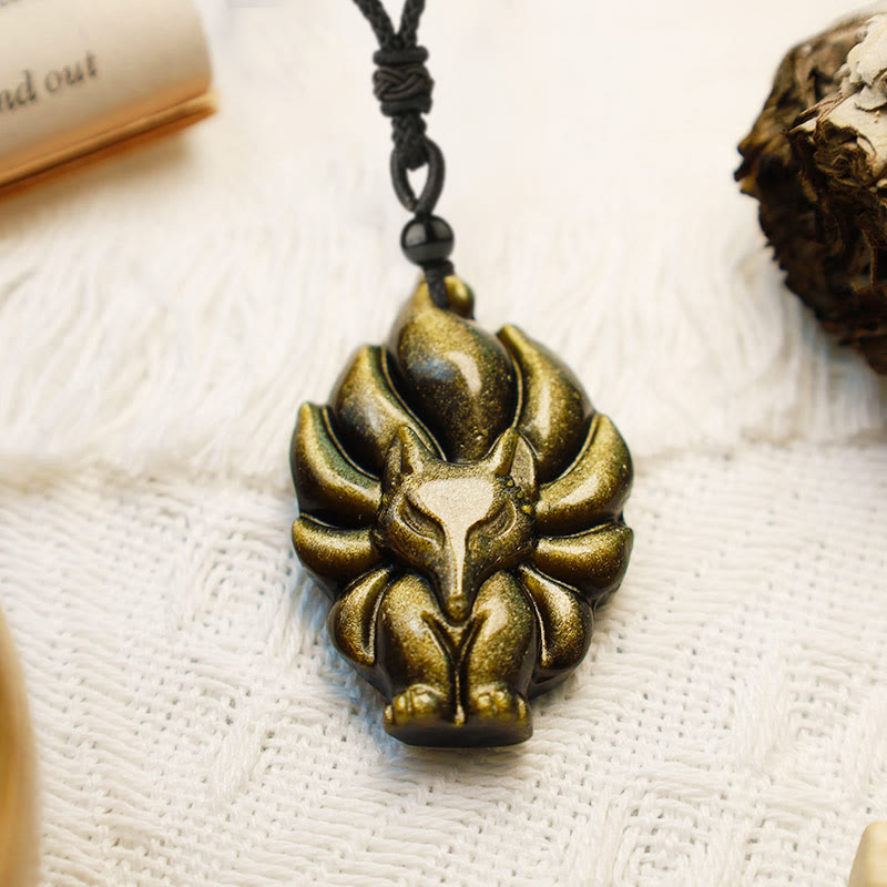 KarmaRipple's Authentic Fluorite Gold Sheen Obsidian Fox Necklace Protection Pendant p10