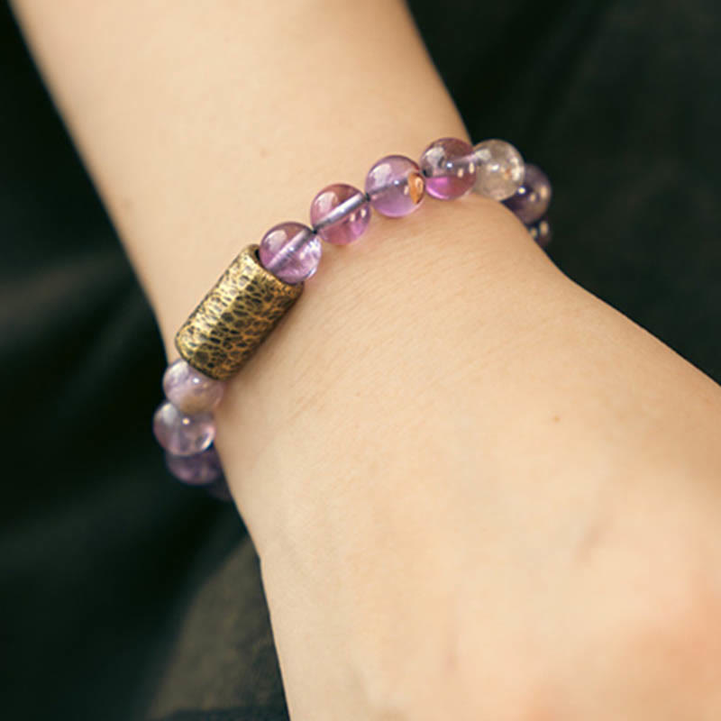 KarmaRipple's Ivory Gemstone Red Hematoid Quartz Gold Rutilated Quartz Purple Phantom Protection Bracelet p31