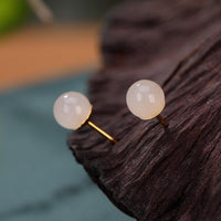 KarmaRipple's 925 Sterling Silver Round Ivory Jade Blessing Stud Earrings