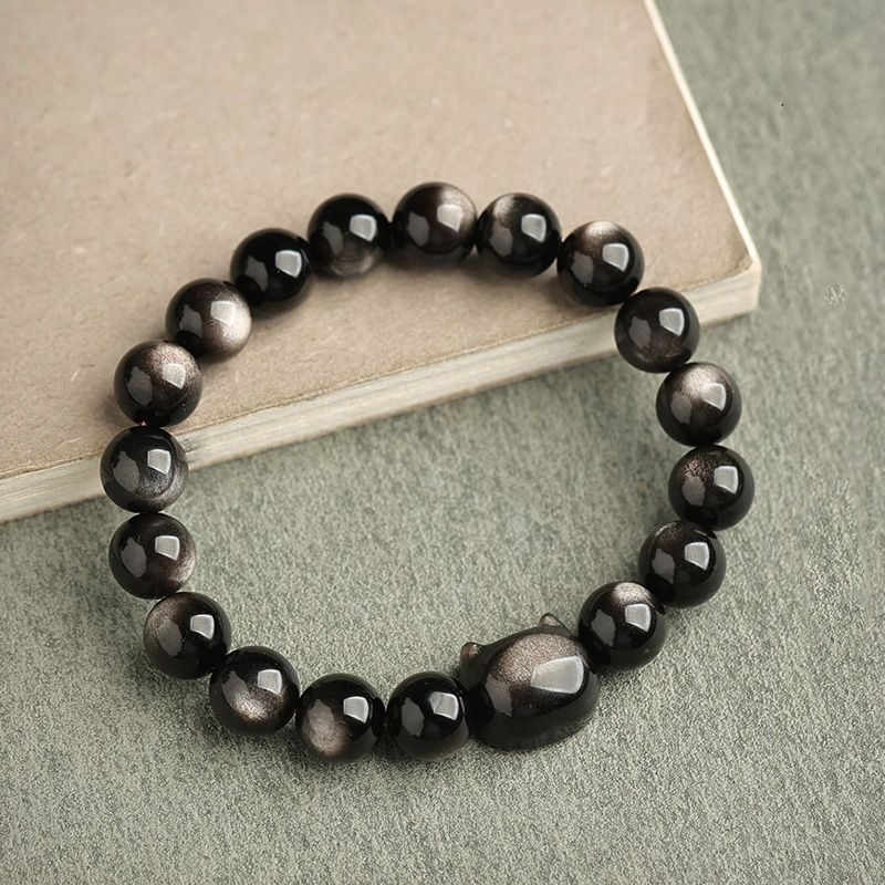 KarmaRipple's Gold Sheen Obsidian Silver Sheen Obsidian Lovely Paw Fortunate Cat Protection Bracelet p29