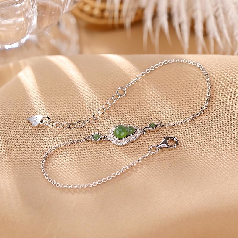 KarmaRipple's 925 Sterling Silver Plated Gold Authentic Hetian Cyan Jade Gourd Fortune Bracelet Ring Set p21