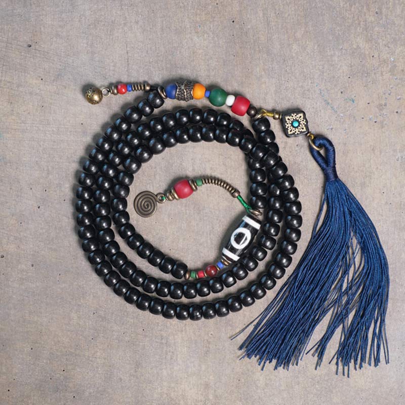KarmaRipple's 108 Beadwork Mala Ebony Wood Dzi Bead Bronze Balance Tassel Bracelet p1