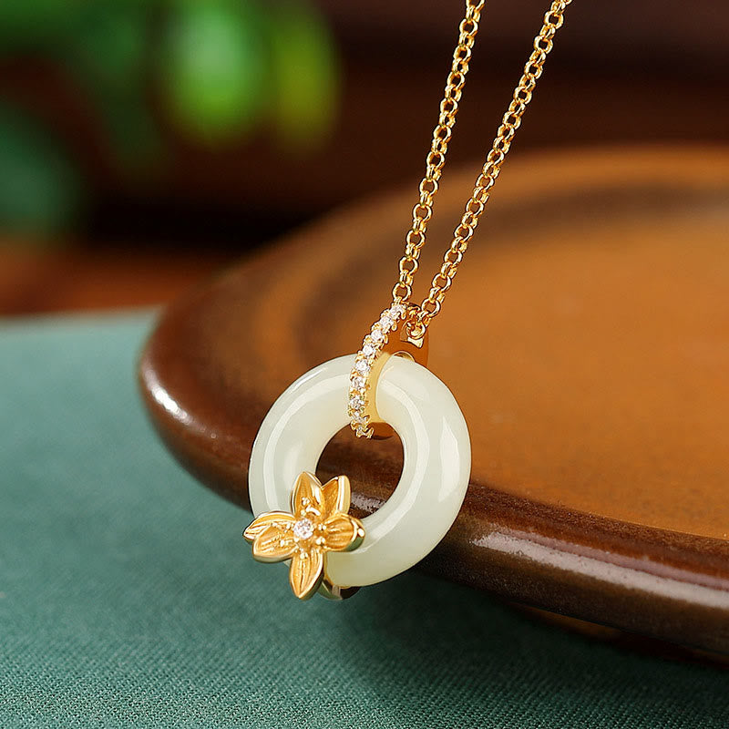 KarmaRipple's 925 Sterling Silver Hetian Jade Peace Buckle Flower Fortune Pendant Necklace p1