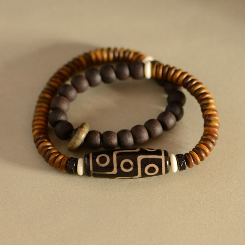 KarmaRipple's Tibetan Nine-Eye Dzi Bead Green Sandalwood Ebony Wood Peace Double Wrap Bracelet p5