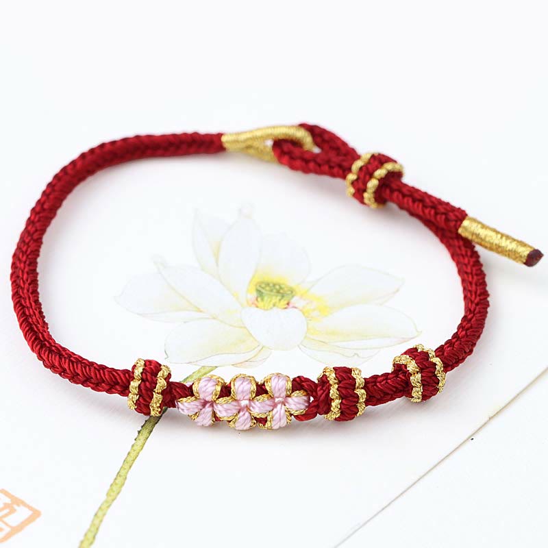 KarmaRipple's Handmade Three Peach Blossoms Fortune Eight Strands Woven String Bracelet p31