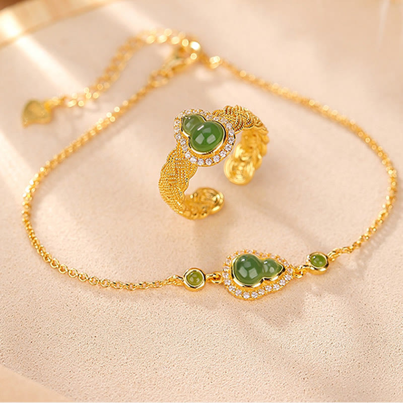KarmaRipple's 925 Sterling Silver Plated Gold Authentic Hetian Cyan Jade Gourd Fortune Bracelet Ring Set p1