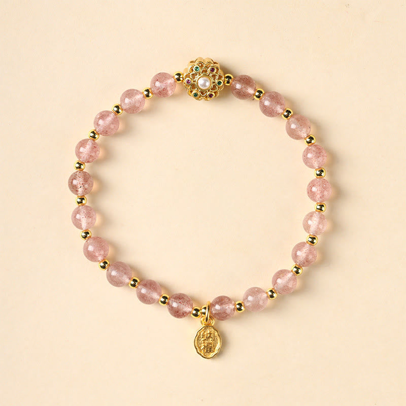 KarmaRipple's 14K Gold Plated Authentic Strawberry Quartz Labradorite Sun Stone Fu Character Positive Talisman Bracelet p4