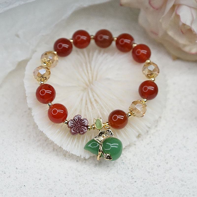 KarmaRipple's Authentic Red Agate Green Agate Gourd Cinnabar Flower Beadwork Confidence Bracelet p13