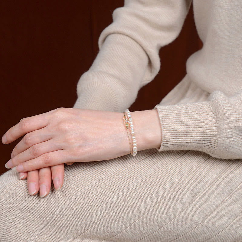 KarmaRipple's 925 Sterling Silver 14K Gold Plated Authentic Pearl Gemstone Balancing Double Layer Bracelet p4