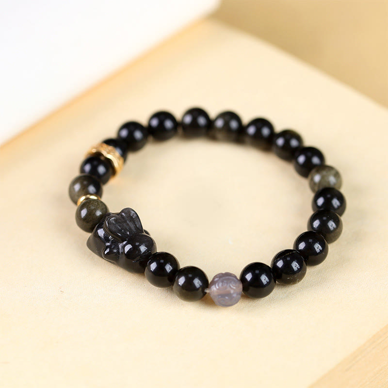 KarmaRipple's Gold Sheen Obsidian Black Obsidian Silver Sheen Obsidian Cute Rabbit Protection Bracelet p3