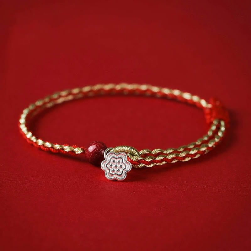 KarmaRipple's Handmade 925 Sterling Silver Lotus Cinnabar Gold Bead Blessing Braid Bracelet p21