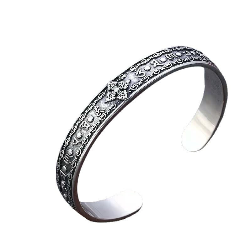 KarmaRipple's 925 Sterling Silver Om Mani Padme Hum Double Dorje Engraved Wisdom Cuff Bracelet Bangle p15