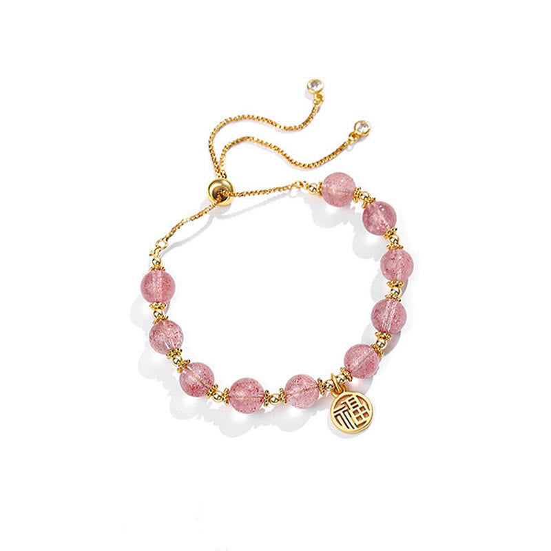 KarmaRipple's 14K Gold Plated Authentic Strawberry Quartz Fu Character Positive Talisman Bracelet p3