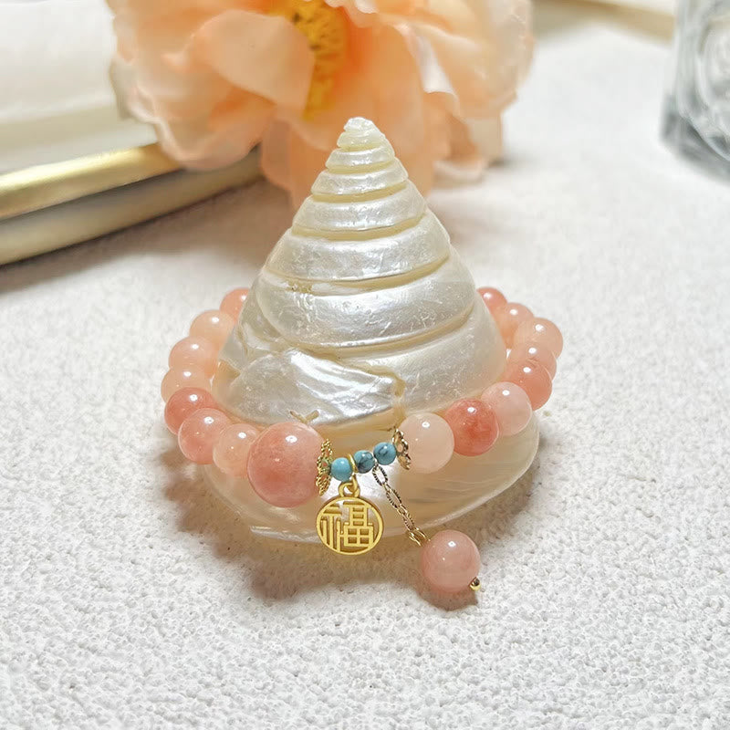 KarmaRipple's Authentic Orange Stone Turquoise Fu Character Talisman Fortune Fortune Bracelet p1