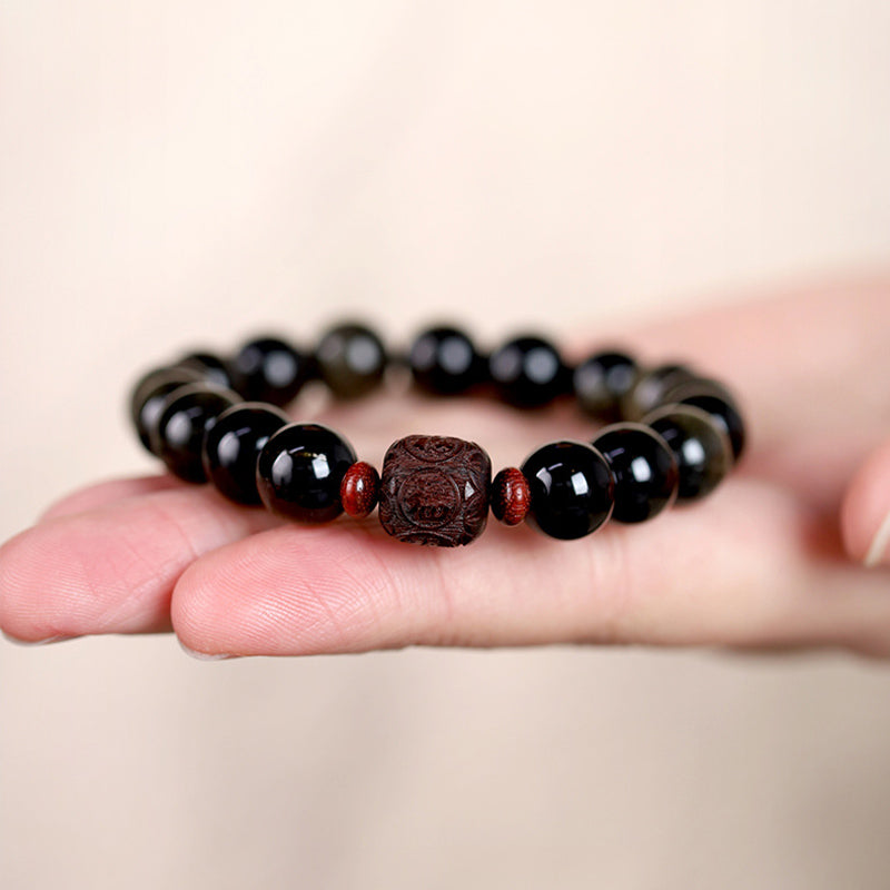 KarmaRipple's Authentic Gold Sheen Obsidian Rainbow Obsidian Om Mani Padme Hum Fu Character Balancing Bracelet p24