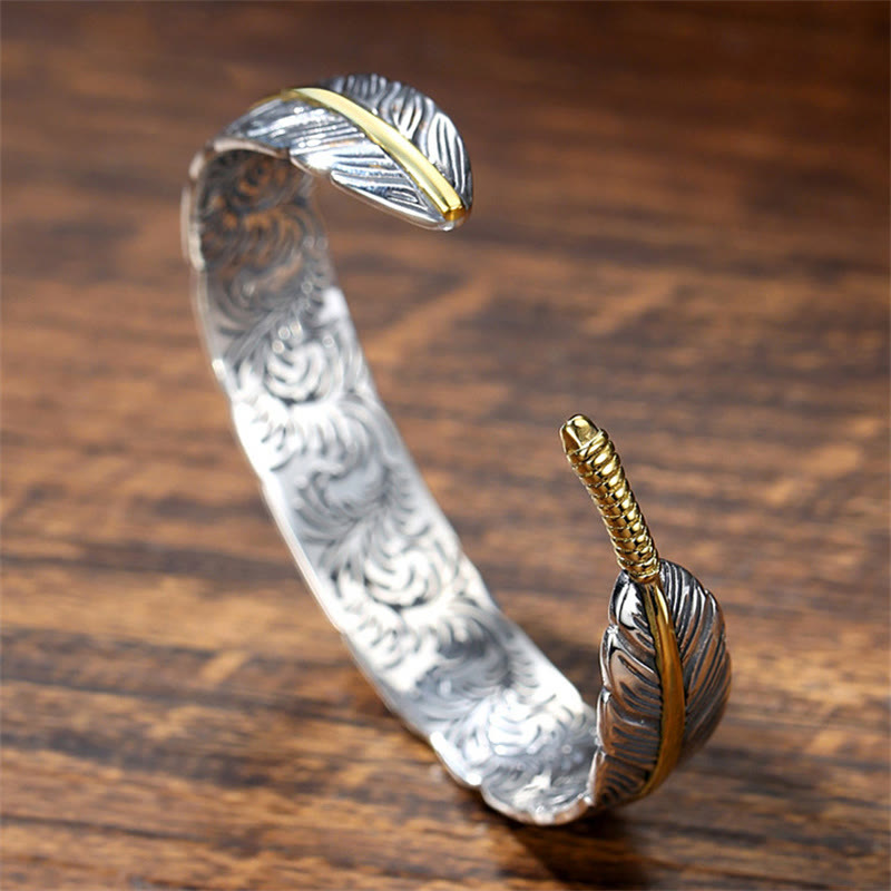KarmaRipple's Feather Pattern Carved Fortune Wealth Cuff Bracelet Bangle p5