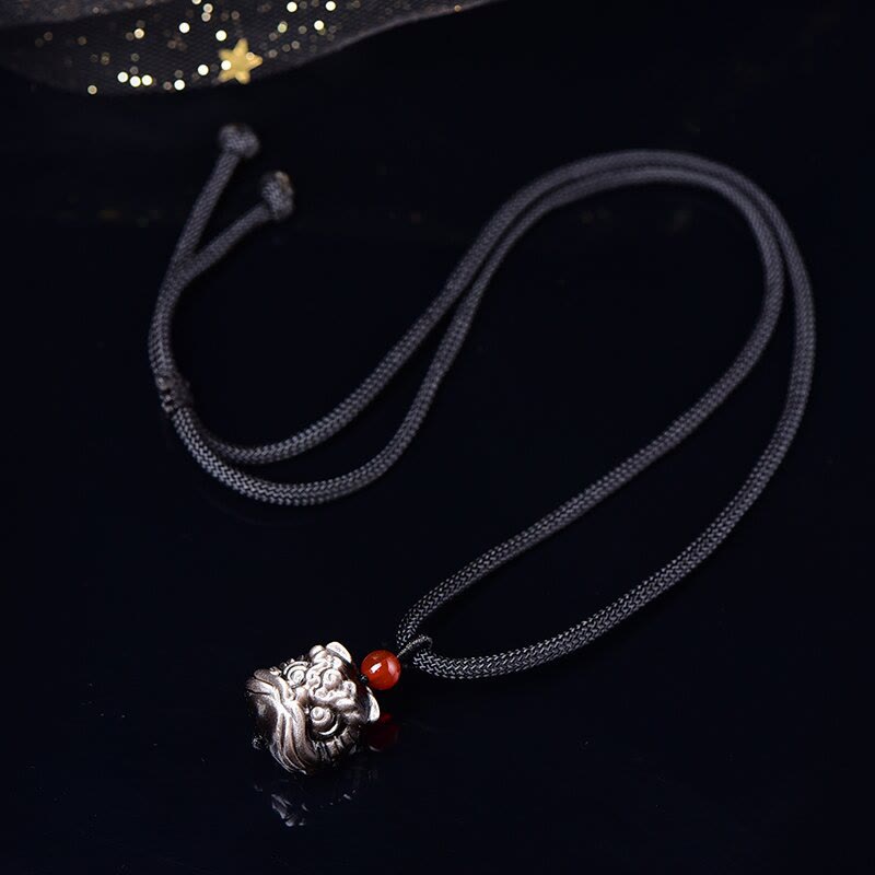 KarmaRipple's Authentic Silver Sheen Obsidian Dancing Lion Protection Pendant Necklace p5