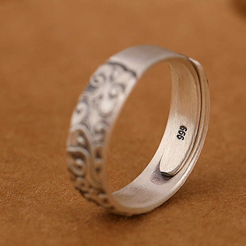 KarmaRipple's 999 Sterling Silver Lotus Flower Plum Blossom Auspicious Clouds Engraved Enlightenment Ring p11