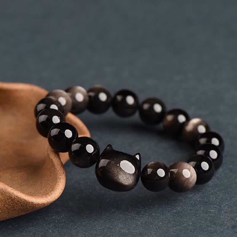 KarmaRipple's Gold Sheen Obsidian Silver Sheen Obsidian Lovely Paw Fortunate Cat Protection Bracelet p8