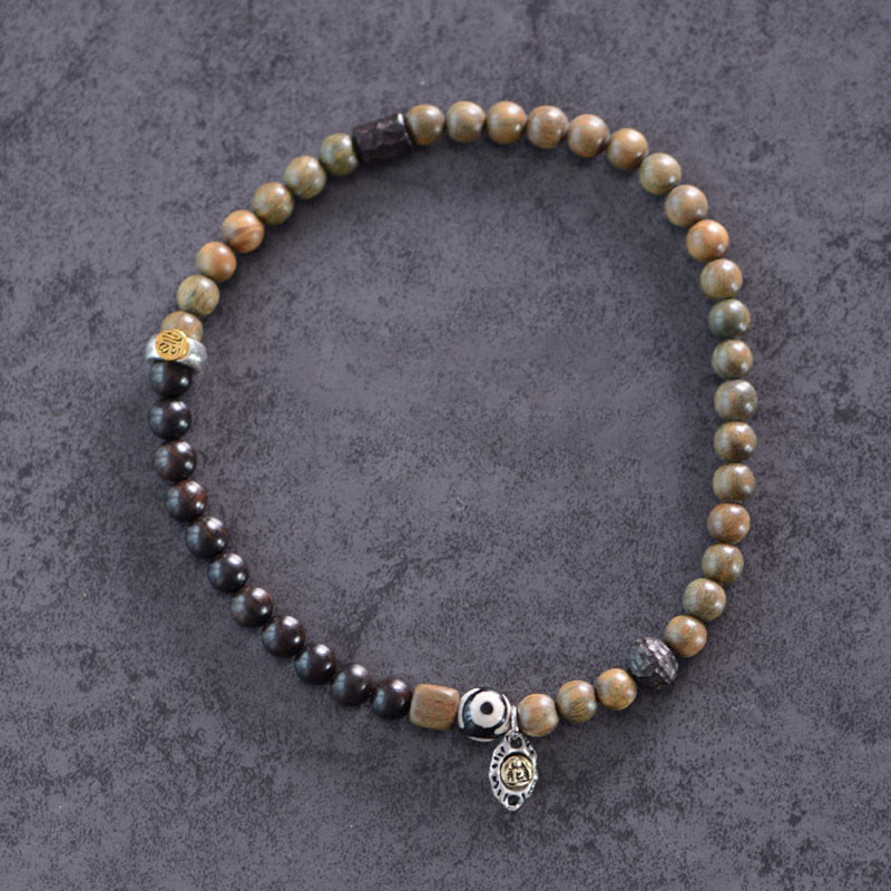 KarmaRipple's Tibetan Green Sandalwood Ebony Wood Three-eyed Dzi Bead Fu Character Balance Peace Double Wrap Bracelet p4