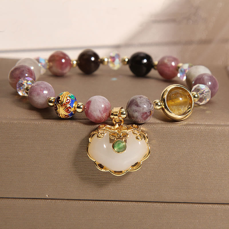 KarmaRipple's Strawberry Quartz Green Gemstone Amethyst Balancing Chinese Lock Talisman Bracelet p24