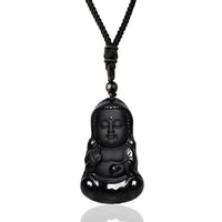 KarmaRipple's Authentic Black Obsidian Gemstone Buddha Strength Protection Amulet Fortunate Talisman Necklace Pendant