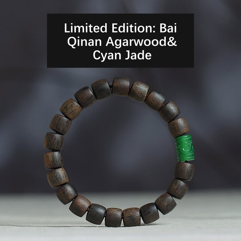 KarmaRipple's Nha Trang Rare Bai Qinan Agarwood Cyan Jade Red Agate Laughing Buddha Tibetan Bone Strength Meditation Bracelet p6