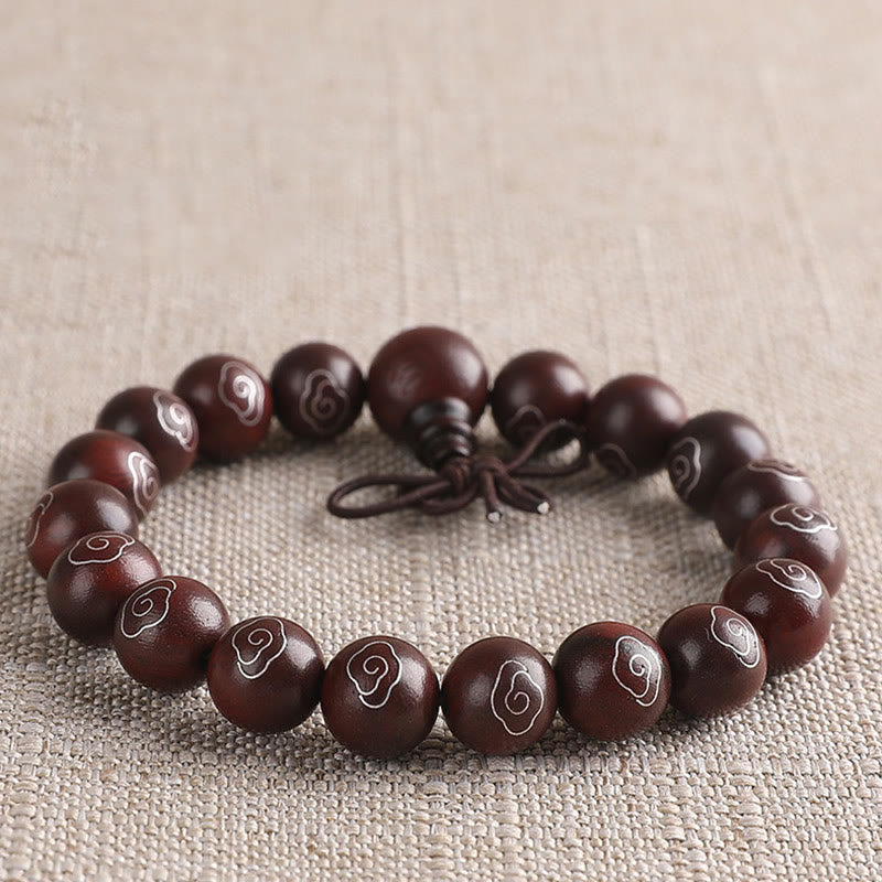 KarmaRipple's 925 Sterling Silver Inlaid Small Leaf Red Sandalwood Om Mani Padme Hum Character Auspicious Clouds Protection Bracelet p24