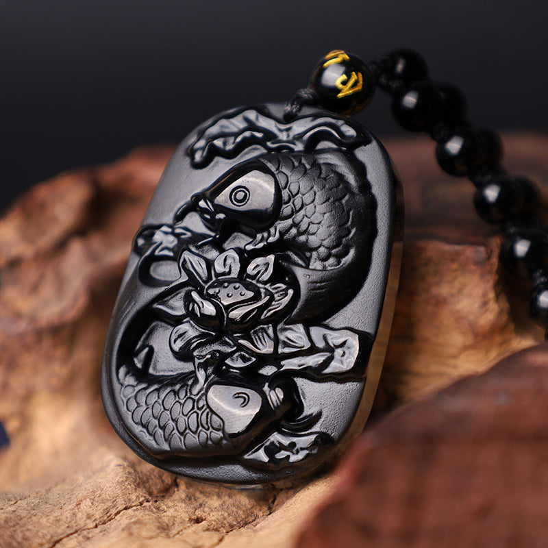 KarmaRipple's Authentic Black Obsidian Koi Fish Lotus Strength Beaded Pendant Necklace p5