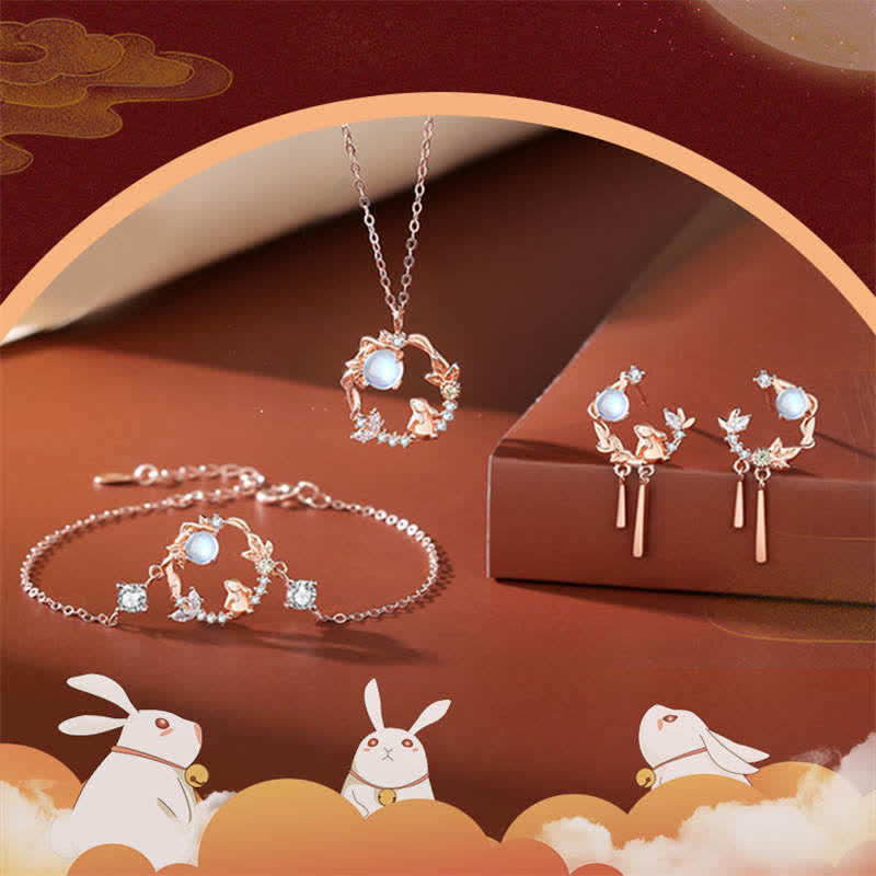 KarmaRipple's 925 Sterling Silver Year of the Rabbit Moonstone Moon Flower Pattern Pendant Necklace Bracelet Earrings p10