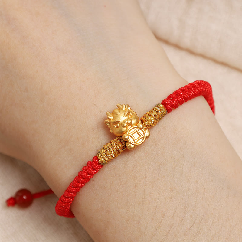 KarmaRipple's 999 Sterling Silver Year of the Dragon Bronze Coin Fortune Dragon Fu Character Fortune Handcrafted Red String Woven Bracelet p8