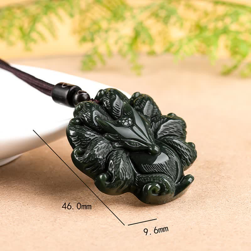 KarmaRipple's Hetian Cyan Jade Nine Tailed Fox Fortune Pendant String Necklace p12