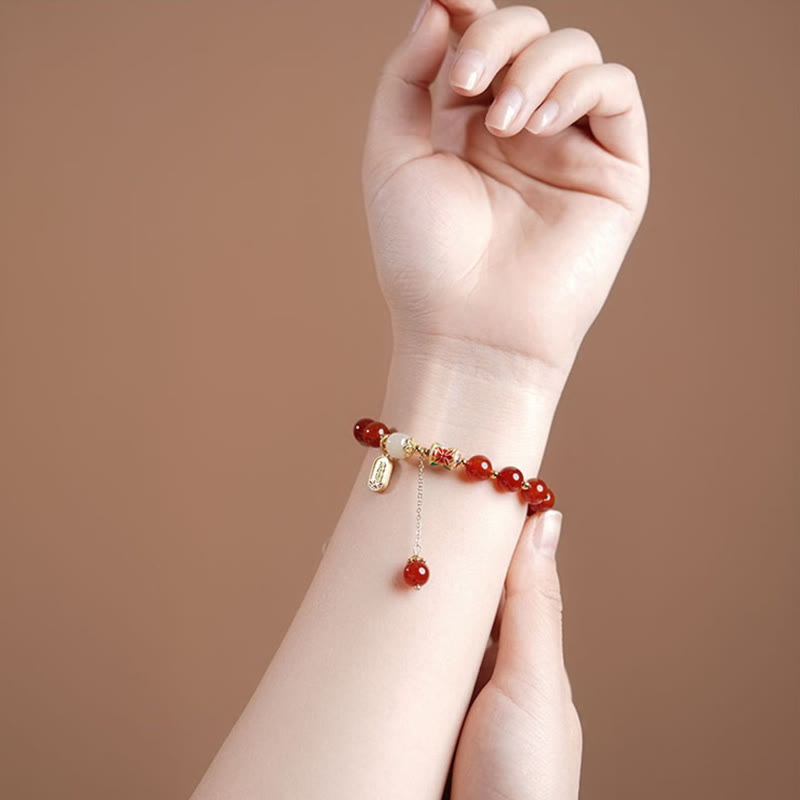 KarmaRipple's Authentic Red Agate Hetian Jade Fu Character Confidence Talisman Bracelet ( p11