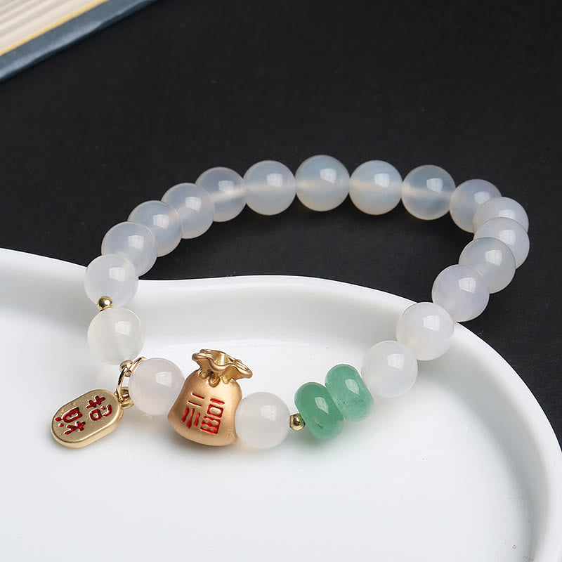 KarmaRipple's Authentic Ivory Agate Red Agate Money Bag Fu Character Four Leaf Clover Protection Bracelet p4