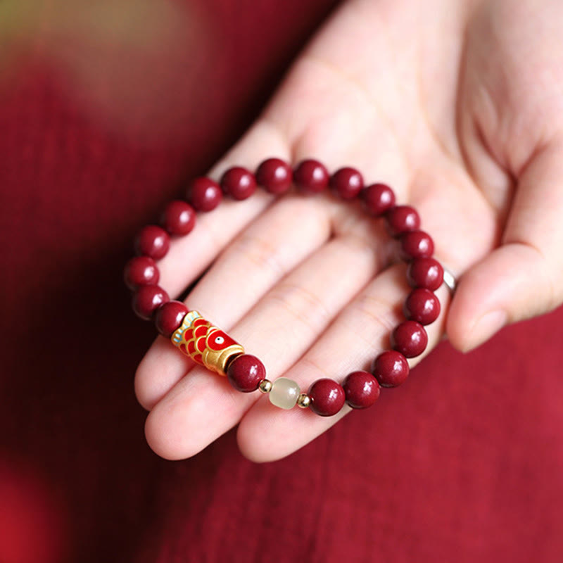KarmaRipple's Authentic Cinnabar Fortunate Koi Fish Hetian Jade Bead Blessing Bracelet p8