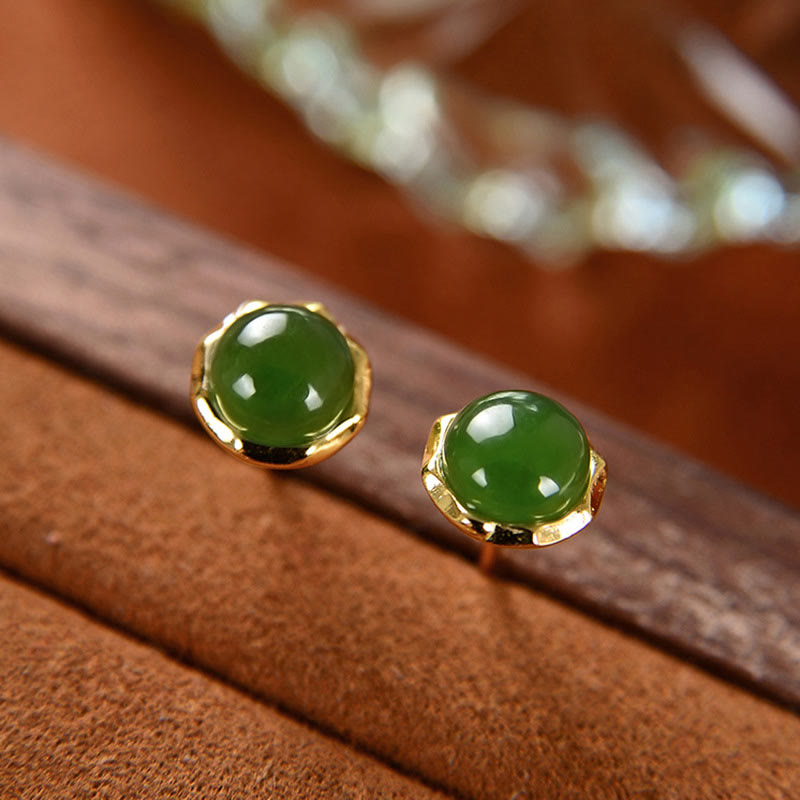 KarmaRipple's 925 Sterling Silver Plated Gold Authentic Hetian Cyan Jade Bead Fortune Stud Earrings p12