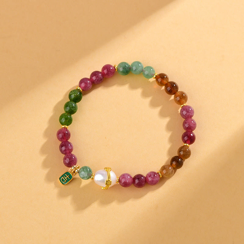 KarmaRipple's Authentic Multicolored Tourmaline Pearl Auspicious Character Talisman Wisdom Bracelet p3