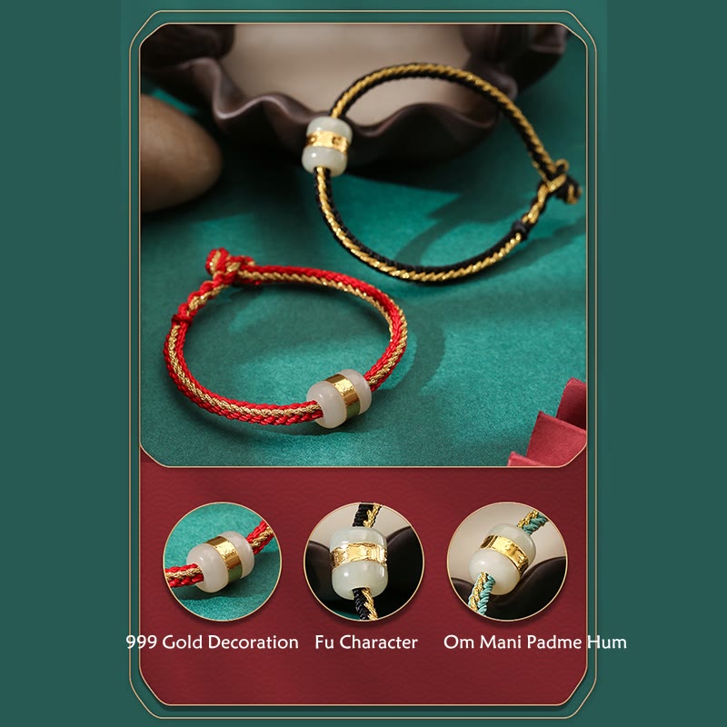 KarmaRipple's 999 Gold Hetian Ivory Jade Om Mani Padme Hum Fu Character Fortune Woven Bracelet p14
