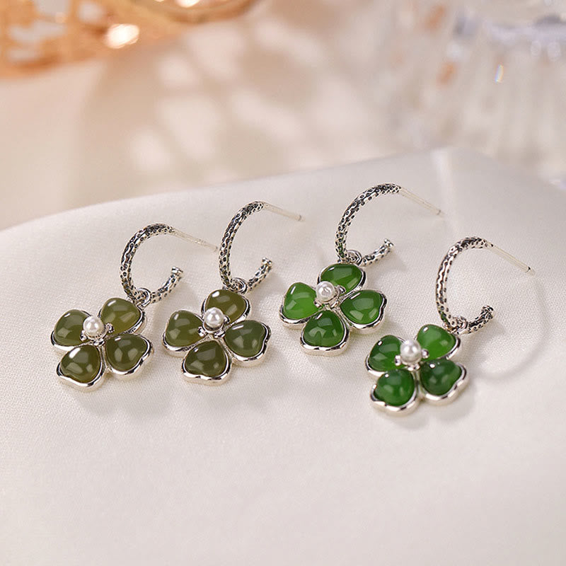 KarmaRipple's 925 Sterling Silver Authentic Cyan Jade Four Leaf Clover Fortune Success Earrings p13