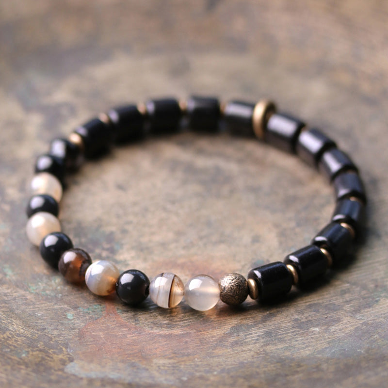 KarmaRipple's Ebony Wood Red Jasper Moss Agate Gemstone Bronze Peace Pair Bracelet p32