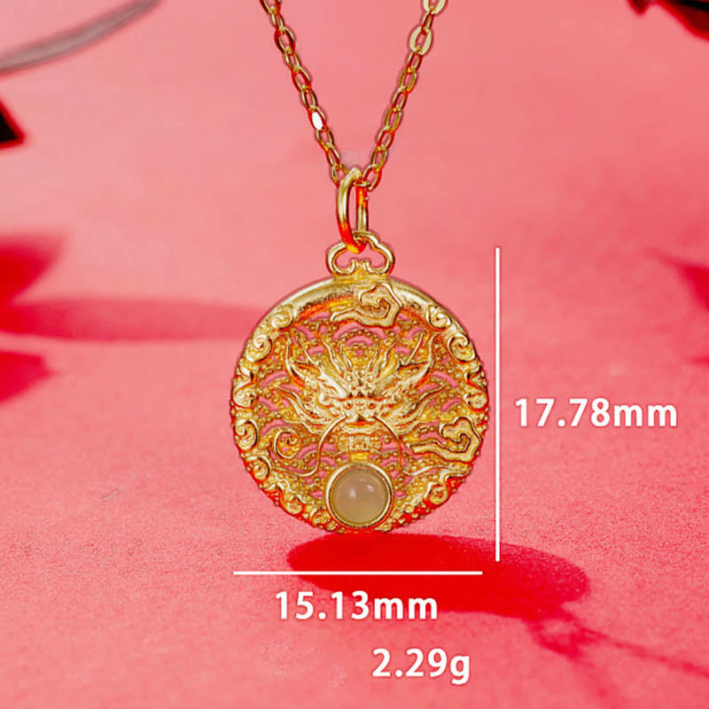 KarmaRipple's 925 Sterling Silver Year Of The Dragon Round Authentic Hetian Jade Inlaid Strength Pendant Necklace ( p7