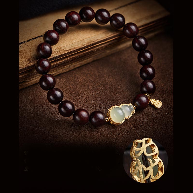 KarmaRipple's Small Leaf Red Sandalwood Gourd Jade Calm Relaxation Bracelet p15