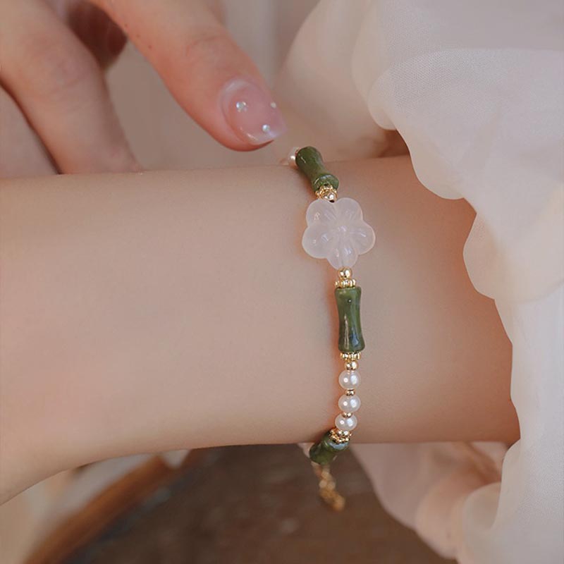 KarmaRipple's Peridot Bamboo Flower Agate Pearl Peace Bracelet p1