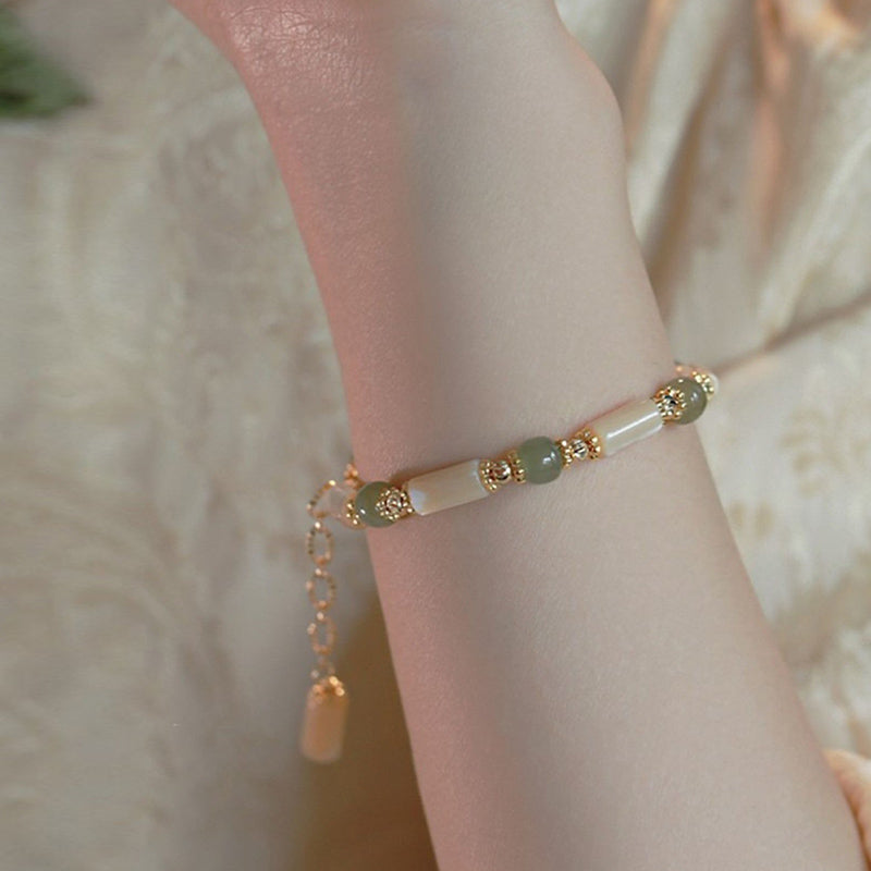 KarmaRipple's 14K Gold Plated Tridacna Stone Hetian Jade Bead Bamboo Pattern Bracelet p4