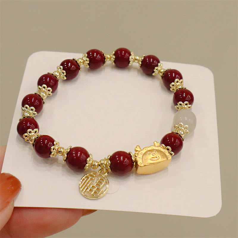 KarmaRipple's Year Of The Dragon Red Agate Strawberry Quartz Black Obsidian Jade Garnet Pearl Cinnabar Dumpling Dragon Fortune Fu Character Bracelet p50