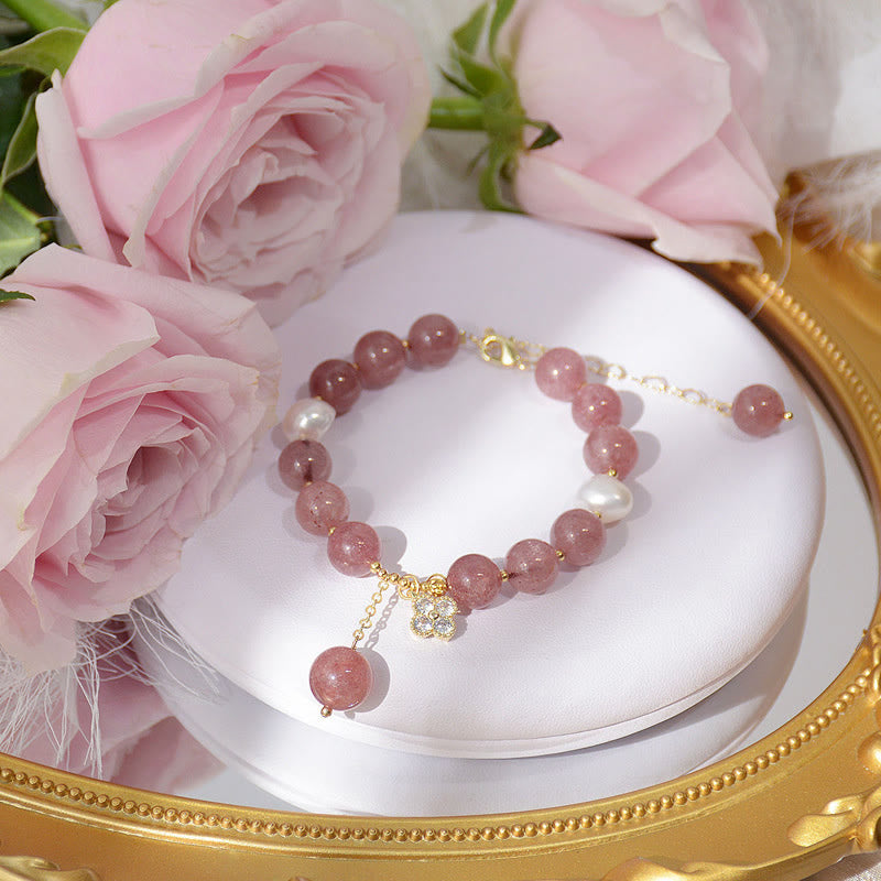 KarmaRipple's Authentic Strawberry Quartz Pearl Four Leaf Clover Love Bracelet p5